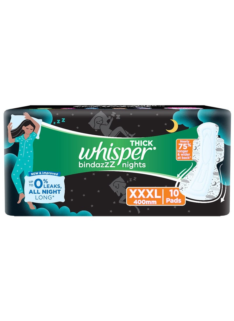 Whisper SANITARY PADS, 10 XXXL PADS, UPTO 0% LEAKS ALL NIGHT LONG, FOR HEAVY FLOW, 75% LONGER & WIDER BACK, COMFORTABLE CUSHIONY SOFT WINGS, DISPOSABLE WRAPPER  - Image 1