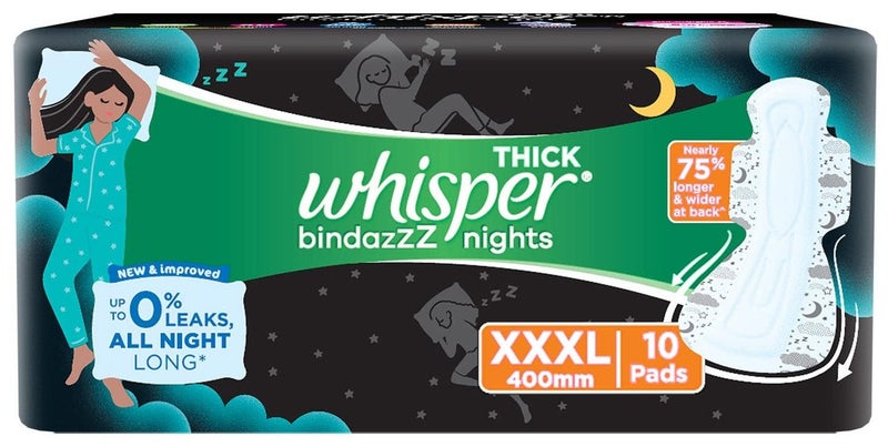 Whisper SANITARY PADS, 10 XXXL PADS, UPTO 0% LEAKS ALL NIGHT LONG, FOR HEAVY FLOW, 75% LONGER & WIDER BACK, COMFORTABLE CUSHIONY SOFT WINGS, DISPOSABLE WRAPPER - Image 1
