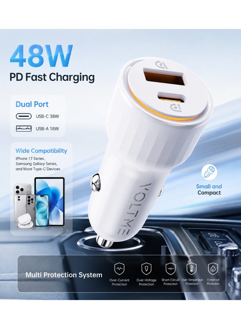 VOLTME 48W USB-C Fast Car Charger Dual Port PD 38W + QC 3.0 18W | Super Fast Charging Car Adapter | Universal 12V/24V Car Charger for iPhone 17 / 16 / 15 / 14 / 13 Series, Samsung Galaxy S25 / S24 / S23 Series, Xiaomi, Huawei, iPad & All USB-C Devices | Compact Design, LED Indicator & Multi Safety Protection, White - Image 1