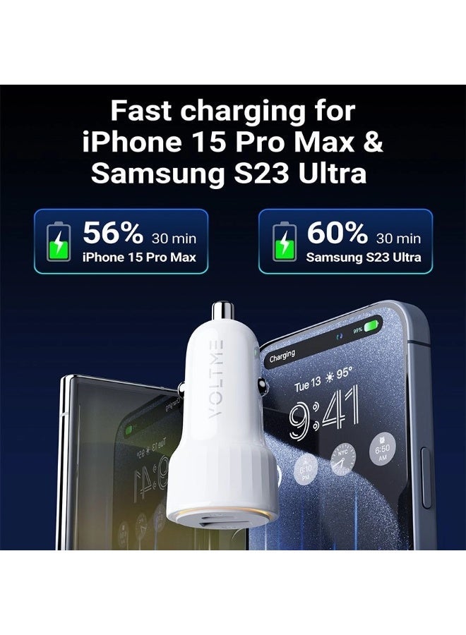 VOLTME 48W USB-C Fast Car Charger Dual Port PD 38W + QC 3.0 18W | Super Fast Charging Car Adapter | Universal 12V/24V Car Charger for iPhone 17 / 16 / 15 / 14 / 13 Series, Samsung Galaxy S25 / S24 / S23 Series, Xiaomi, Huawei, iPad & All USB-C Devices | Compact Design, LED Indicator & Multi Safety Protection, White - Image 3