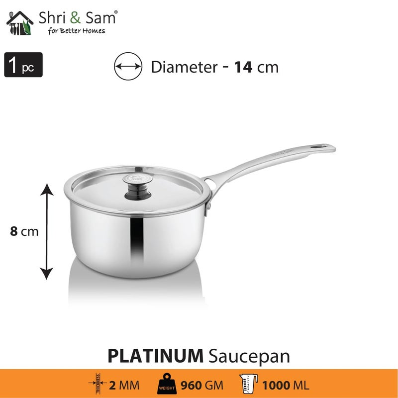 Shri & Sam Shri & Sam Stainless Steel Platinum Plain Heavy Weight Sauce Pan, 14 Cm, 1.5 liter  - Image 2