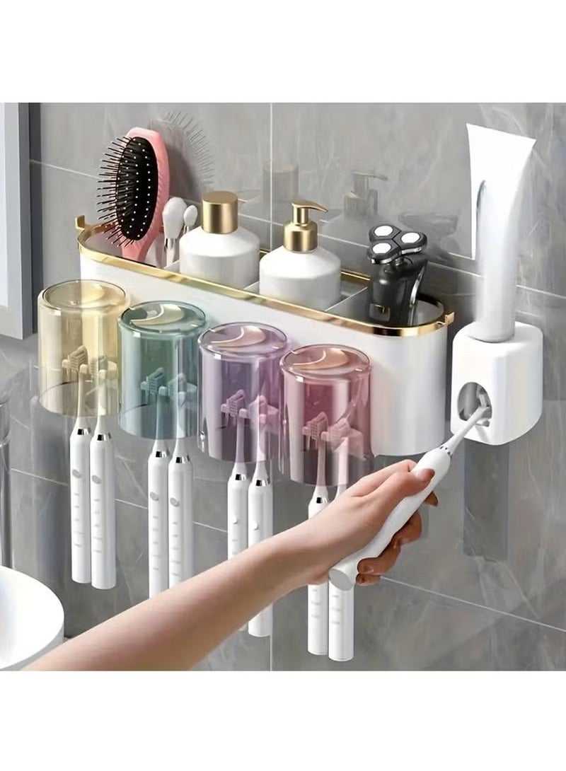 Arabest Toothbrush Holders for Bathrooms, Toothbrush Holder Wall Mounted with Toothpaste Dispenser,Electric Toothbrush Holder with Colorful Mouthwash Cup and Multiple Toothbrush Slots (4 Cups) - Image 1