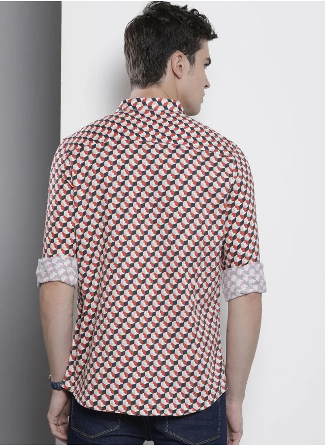 The Indian Garage Co Men Slim Fit Geometric Printed Full Sleeves Cutaway Collar Party Wear Shirt