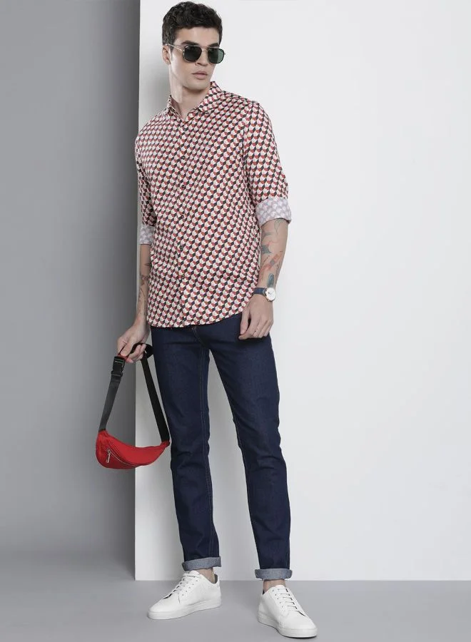 The Indian Garage Co Men Slim Fit Geometric Printed Full Sleeves Cutaway Collar Party Wear Shirt