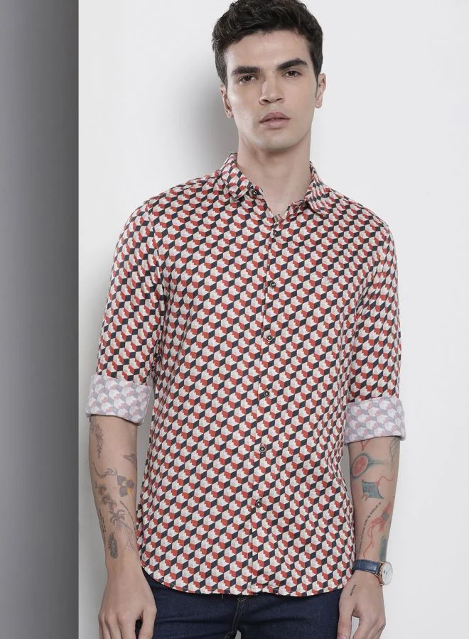 The Indian Garage Co Men Slim Fit Geometric Printed Full Sleeves Cutaway Collar Party Wear Shirt