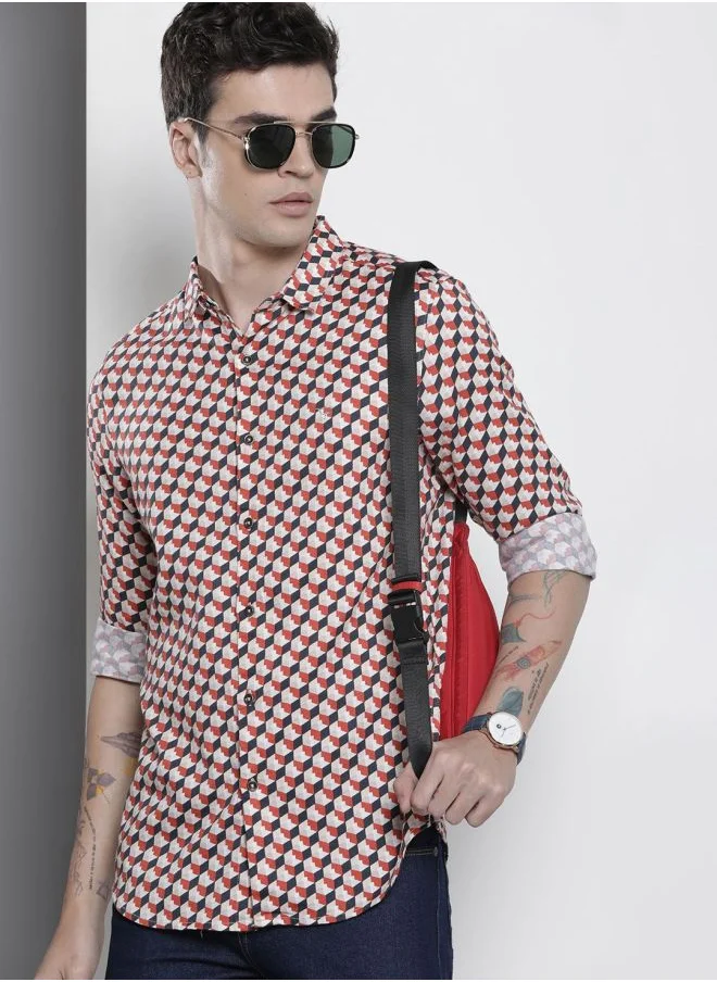 The Indian Garage Co Men Slim Fit Geometric Printed Full Sleeves Cutaway Collar Party Wear Shirt