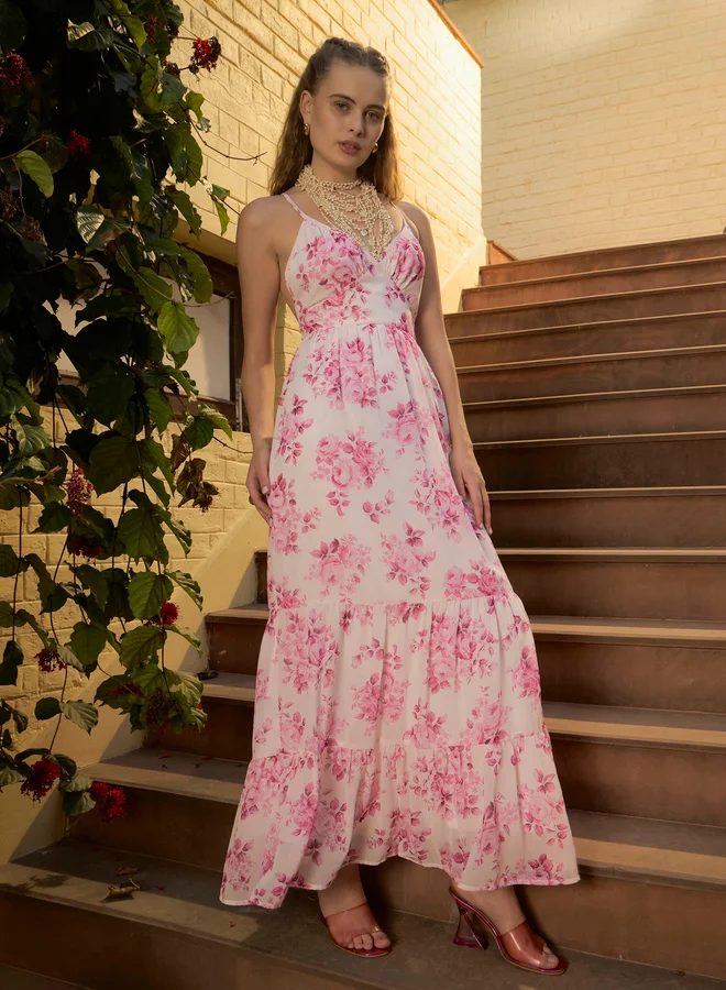 SASSAFRAS Sassafras Pink All-Over Floral Print Back Cut Out Detail A-Line Maxi Dress