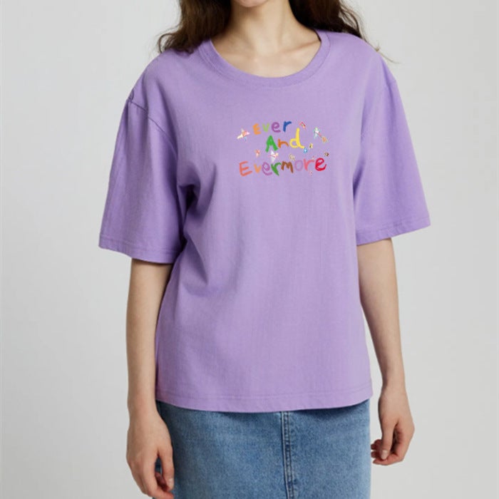 Back Bag Collar Loose Short-sleeved T-shirt Women's All-match Printed Round Neck Top T-shirt Trendy - Image 1