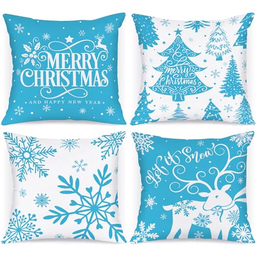 Lanpn White and Blue 18x18 Christmas Pillow Covers Set of 4 Decorative 18 Inch Winter Snowflake Throw Pillow Case Xmas Cushion Cover for Indoor Home Sofa Light Blue - Image 1