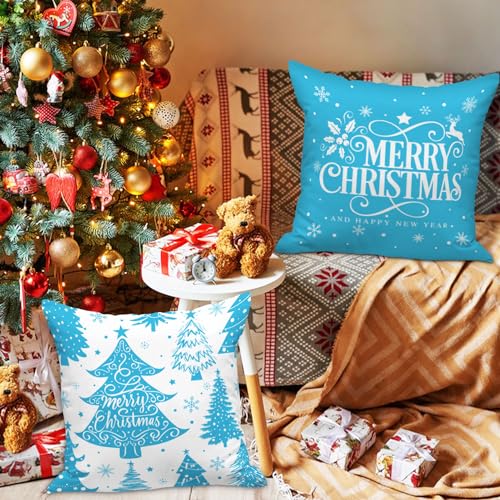 Lanpn White and Blue 18x18 Christmas Pillow Covers Set of 4 Decorative 18 Inch Winter Snowflake Throw Pillow Case Xmas Cushion Cover for Indoor Home Sofa Light Blue - Image 3