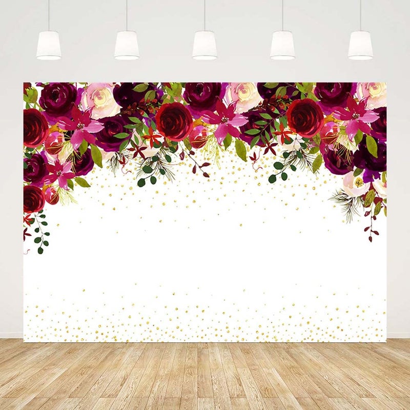 Sendy 7x5ft Burgundy Red Pink Flowers Backdrop for Photography Women Girl Birthday Wedding Bride to Be Engagement Party Decorations White Golden Dots Background Photo Props