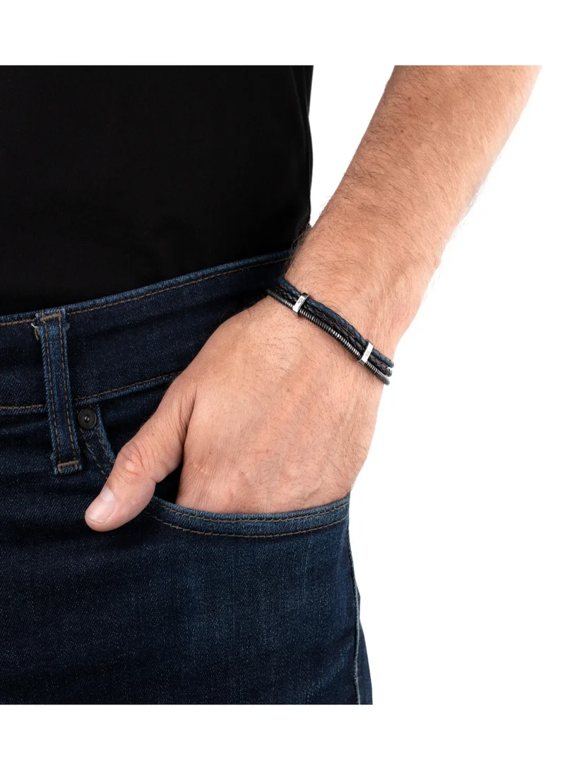 بوليس Black and Blue Leather Bracelet for Men