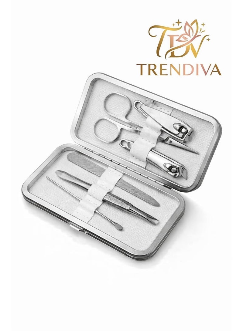 Trendiva 6-Piece Stainless Steel Manicure Pedicure Kit – Portable Nail Care Grooming Set with Nail Cutter, Scissors, Tweezers & Nail File – Compact Travel Case - Image 1