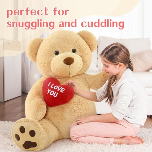 BENINY Red Heart Giant Teddy Bears, Brown Big Teddy Bear Stuffed Animals with Embroidered I Love You for Girlfriend, Large Valentines Fluffy Teddy Bear Birthday Gifts 36 inch - Image 5
