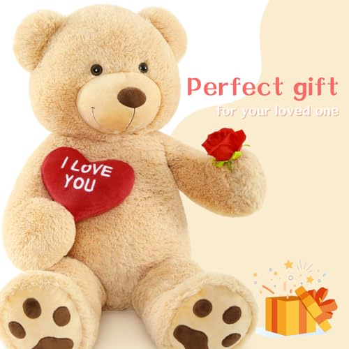 BENINY Red Heart Giant Teddy Bears, Brown Big Teddy Bear Stuffed Animals with Embroidered I Love You for Girlfriend, Large Valentines Fluffy Teddy Bear Birthday Gifts 36 inch - Image 3