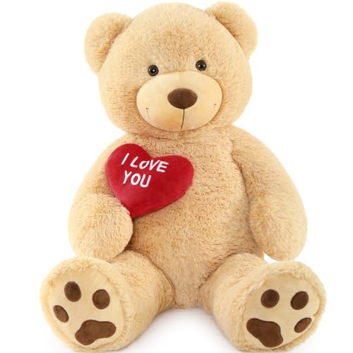 BENINY Red Heart Giant Teddy Bears, Brown Big Teddy Bear Stuffed Animals with Embroidered I Love You for Girlfriend, Large Valentines Fluffy Teddy Bear Birthday Gifts 36 inch - Image 1
