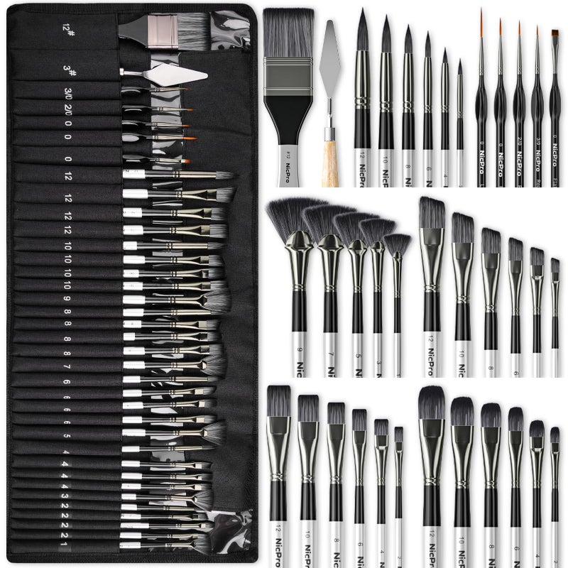 Nicpro 36pcs Paint Brush Set, Professional Paintbrushes with Palette Knife and Cloth Roll, Suitable for Artists and Beginners for Acrylic Painting, Oil, Watercolor, Gouache - Image 1