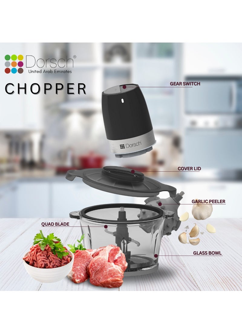 Danish Design Chopper | 300W Powerful Motor, Stainless Steel Blades | 2L Capacity, One-Touch Control | Multi-Functions | Easy to Clean, BPA-Free, Durable | Includes Garlic Peeler | 2-Year Warranty