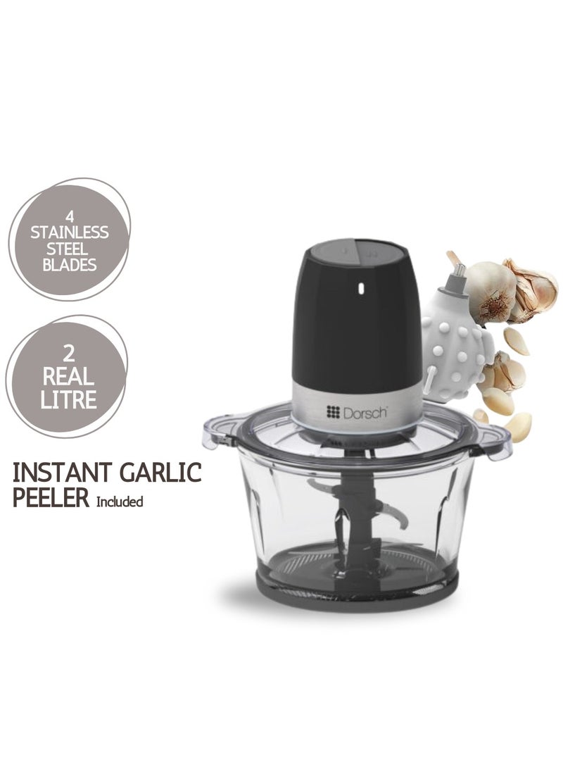 Danish Design Chopper | 300W Powerful Motor, Stainless Steel Blades | 2L Capacity, One-Touch Control | Multi-Functions | Easy to Clean, BPA-Free, Durable | Includes Garlic Peeler | 2-Year Warranty