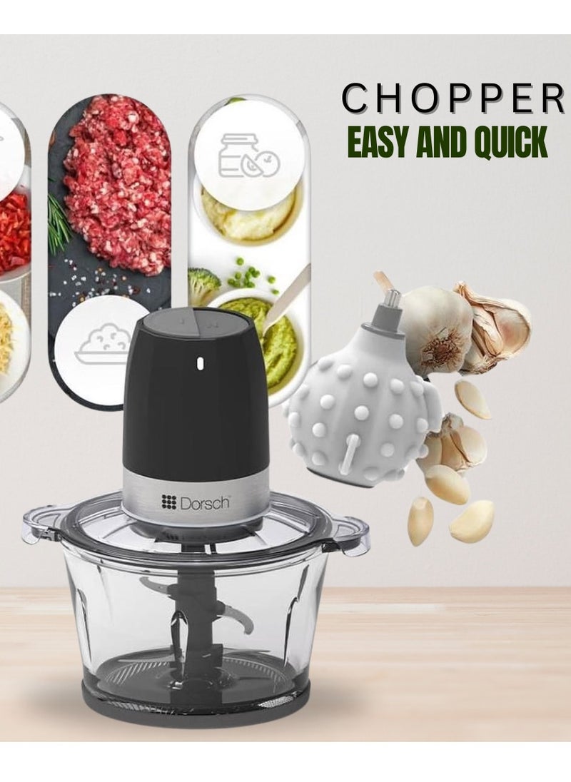 Danish Design Chopper | 300W Powerful Motor, Stainless Steel Blades | 2L Capacity, One-Touch Control | Multi-Functions | Easy to Clean, BPA-Free, Durable | Includes Garlic Peeler | 2-Year Warranty