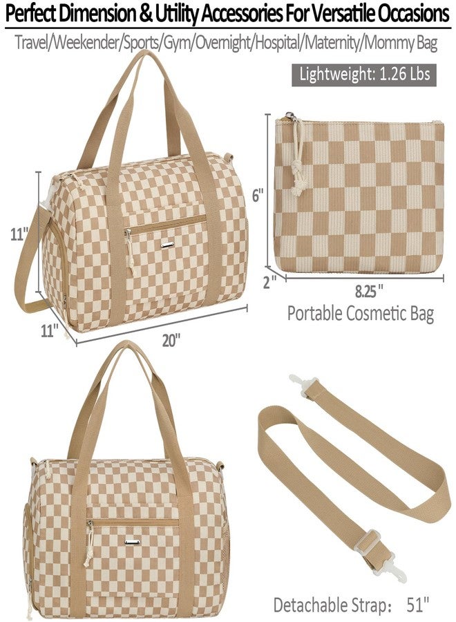 Vankor Gym Bag for Women with Shoe Compartment Waterproof, Sports Duffle Bag for Travel Duffel Weekender Carry on Beach Yoga Overnight Luggage Mommy Maternity Hospital Bag, Corduroy Checkered Brown, Medium - Image 3