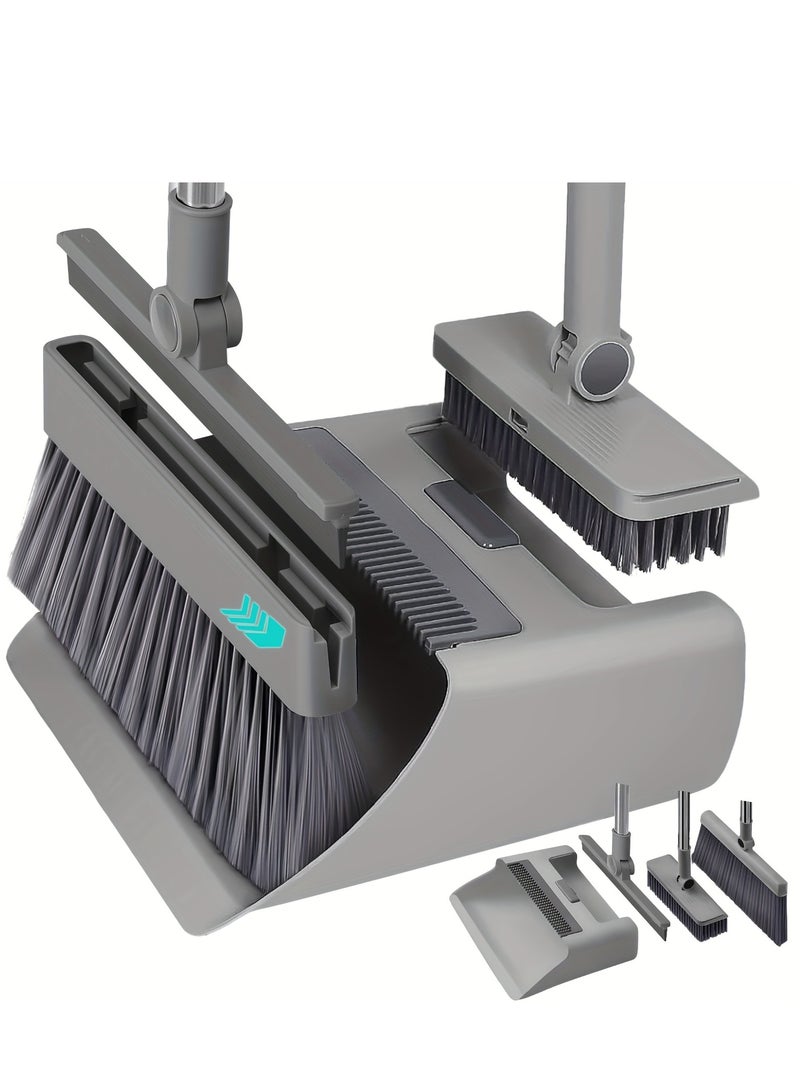 XiuWoo 4 in 1 broom and dustpan set, broom and dustpan combination set with hidden scraper and floor brush, long handle scraper, for home office mall, indoor and outdoor broom, cleaning gadgets - Image 1