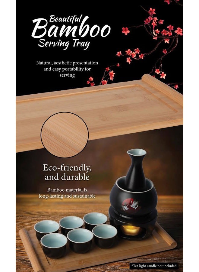 LOONCREST Japanese Sake Cup Set with 6 Ceramic Cups, 1 Ceramic Sake Bottle, 1 Ceramic Sake Warmer, Bamboo Tray, and Cloth Carrying Case - Perfect Hot Sake Set for Authentic Japanese Experience - Image 4