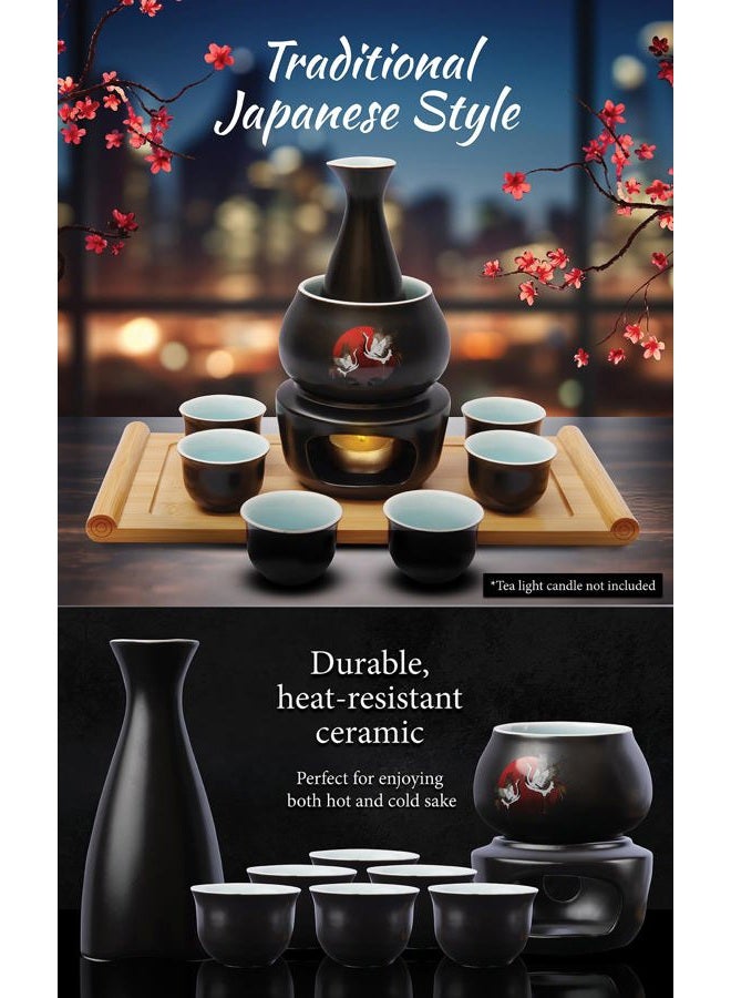LOONCREST Japanese Sake Cup Set with 6 Ceramic Cups, 1 Ceramic Sake Bottle, 1 Ceramic Sake Warmer, Bamboo Tray, and Cloth Carrying Case - Perfect Hot Sake Set for Authentic Japanese Experience - Image 3