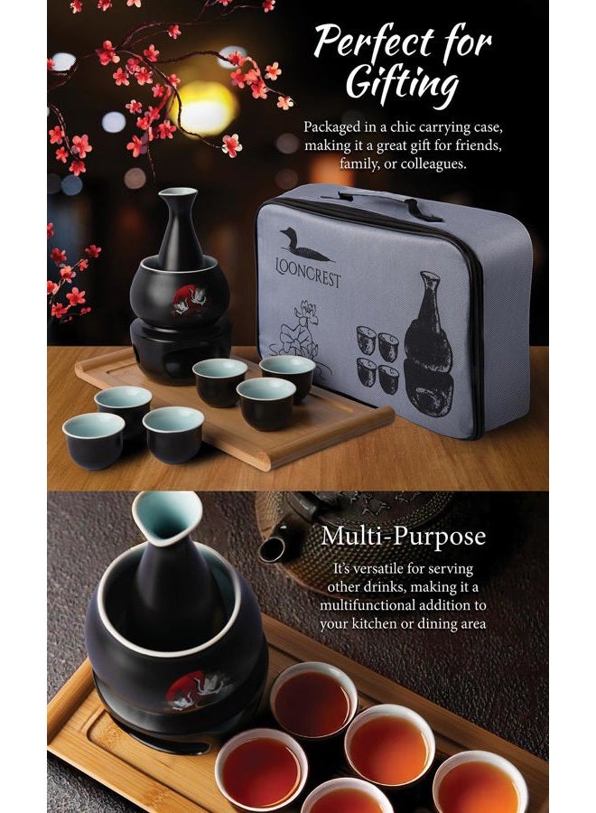 LOONCREST Japanese Sake Cup Set with 6 Ceramic Cups, 1 Ceramic Sake Bottle, 1 Ceramic Sake Warmer, Bamboo Tray, and Cloth Carrying Case - Perfect Hot Sake Set for Authentic Japanese Experience - Image 5