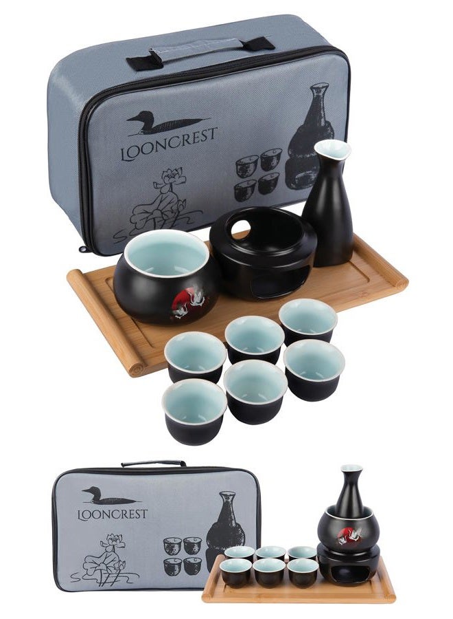 LOONCREST Japanese Sake Cup Set with 6 Ceramic Cups, 1 Ceramic Sake Bottle, 1 Ceramic Sake Warmer, Bamboo Tray, and Cloth Carrying Case - Perfect Hot Sake Set for Authentic Japanese Experience - Image 1