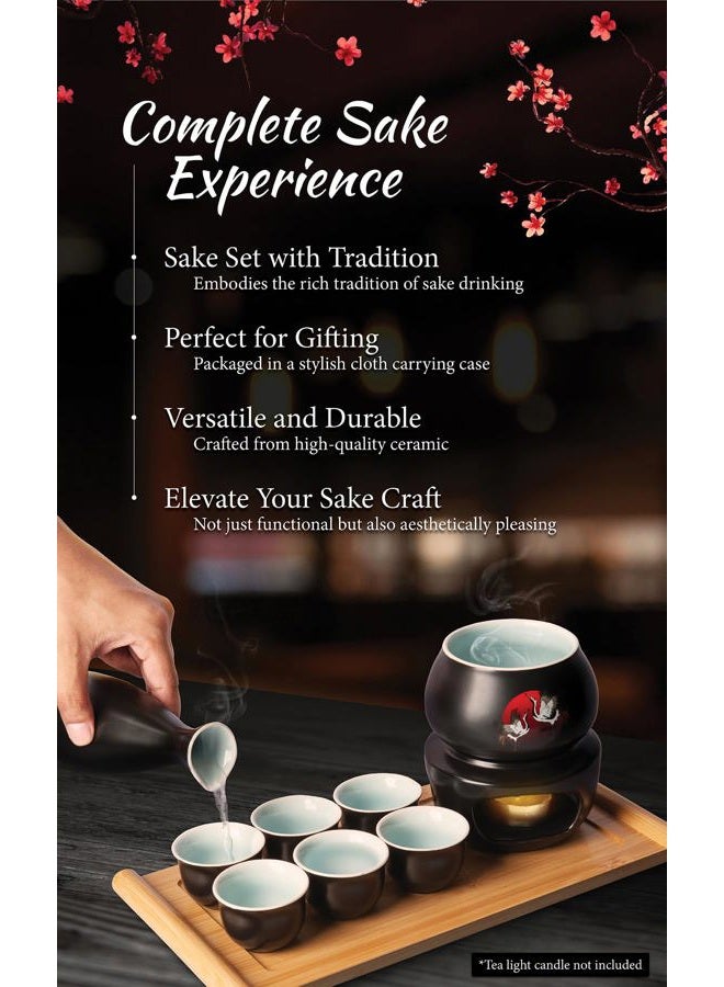 LOONCREST Japanese Sake Cup Set with 6 Ceramic Cups, 1 Ceramic Sake Bottle, 1 Ceramic Sake Warmer, Bamboo Tray, and Cloth Carrying Case - Perfect Hot Sake Set for Authentic Japanese Experience - Image 2