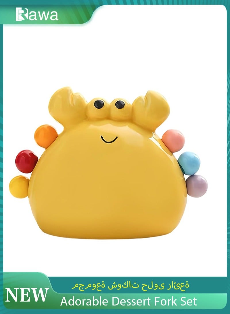 روعة مجموعة شوكات فواكه مع وعاء تخزين على شكل سرطان البحر - شوكات حلوى وسلطة من الفولاذ المقاوم للصدأ للبالغين والأطفال - أدوات مائدة ساحرة للمنزل والمقاهي والمطاعم (أصفر) - Image 1