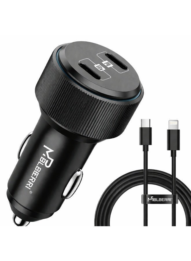 MPBLBERRI Premium Quality PD Car Charger, 66W, with Type-C to Type-L Cable, Fast Charging, Black - Image 1