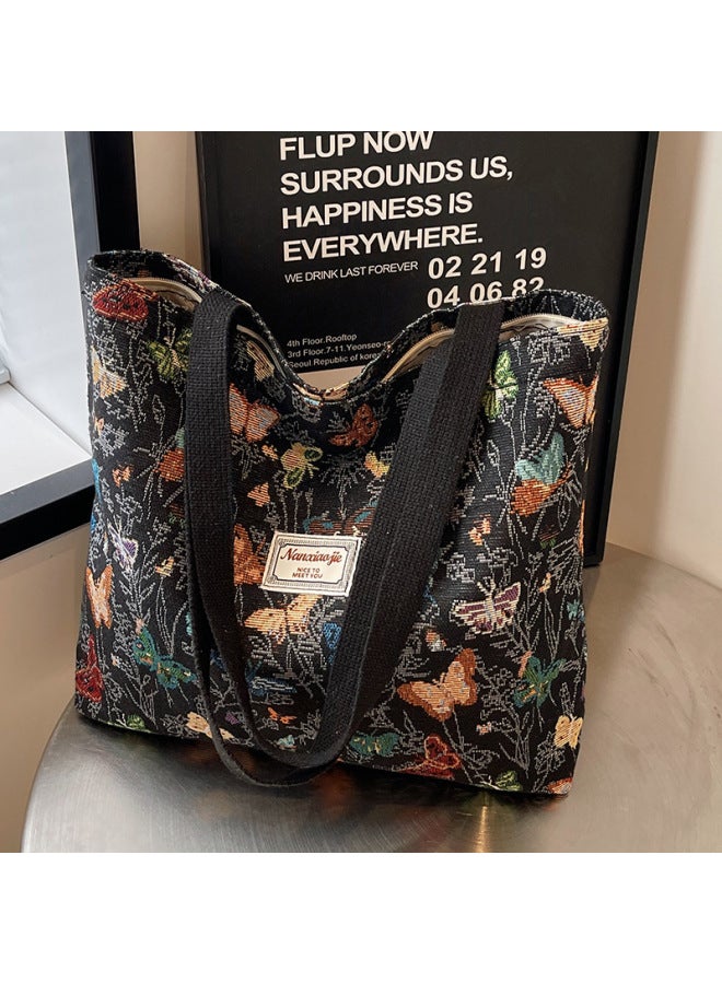 High School Students Class Canvas Bag 2024 Commuter Tote Bag Women's Ins Fashion Out Shoulder Mummy Bag-Color:Large Black - Image 1
