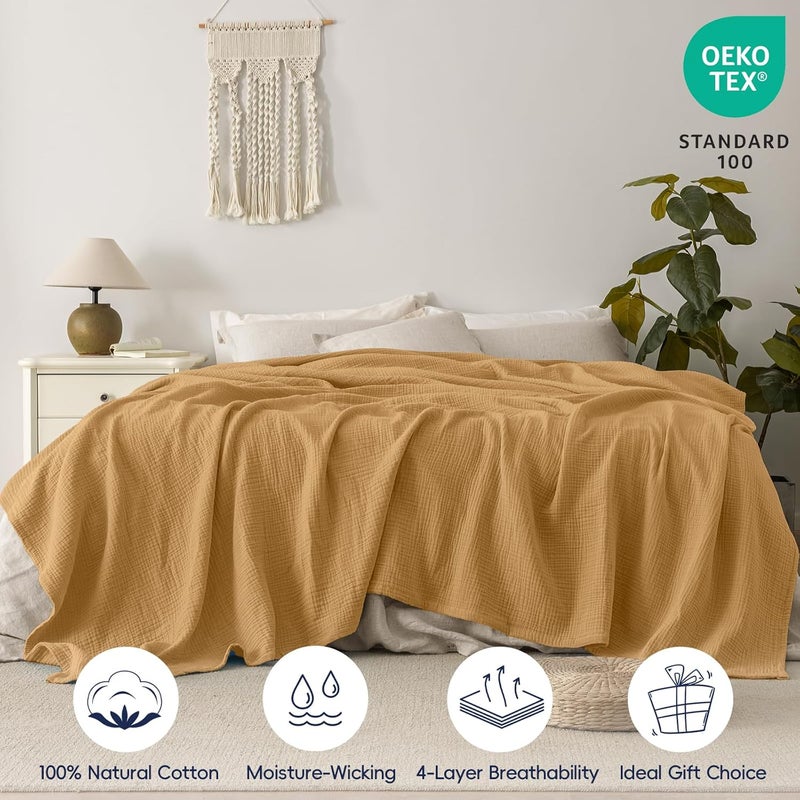 PHF 100% Cotton Muslin Blanket Queen Size 90"x90", 4-Layer Lightweight Gauze Throw, Breathable Cloud-Soft Minimalist Blanket for Bed, Couch, Camping & Baby, Amber, Ideal Gift - Image 4