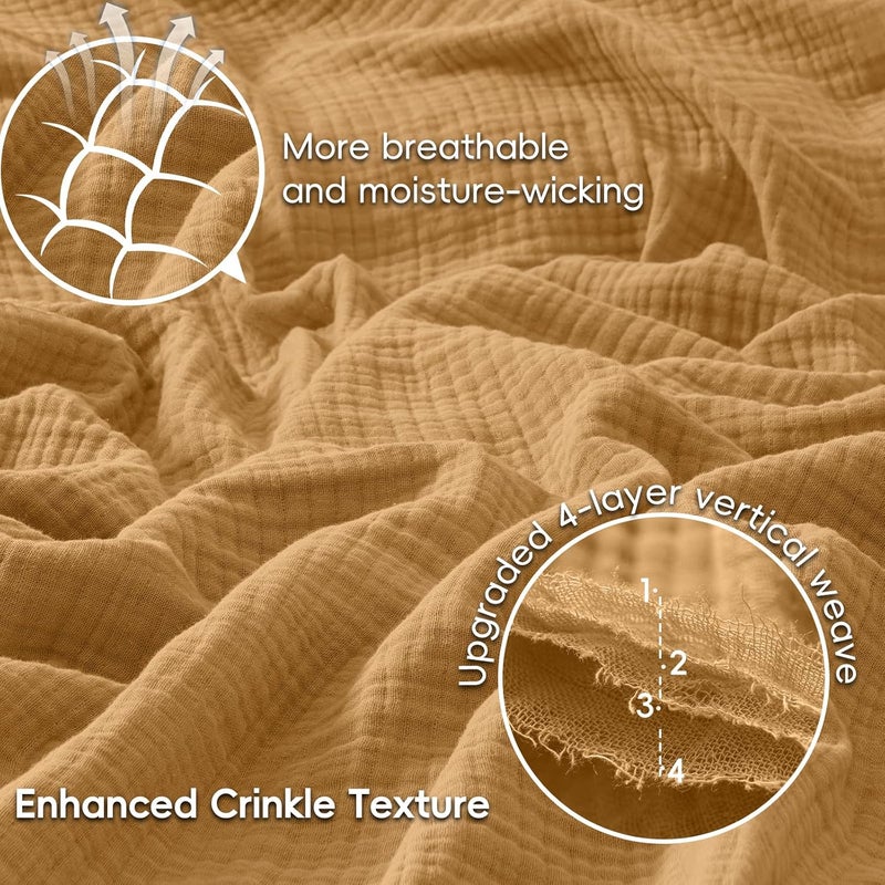 PHF 100% Cotton Muslin Blanket Queen Size 90"x90", 4-Layer Lightweight Gauze Throw, Breathable Cloud-Soft Minimalist Blanket for Bed, Couch, Camping & Baby, Amber, Ideal Gift - Image 3