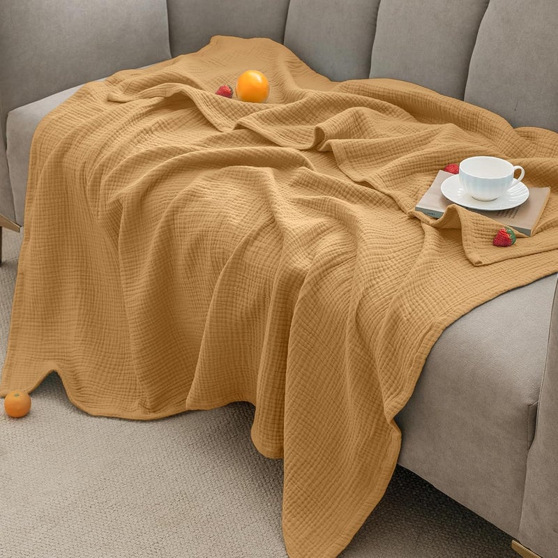 PHF 100% Cotton Muslin Blanket Queen Size 90"x90", 4-Layer Lightweight Gauze Throw, Breathable Cloud-Soft Minimalist Blanket for Bed, Couch, Camping & Baby, Amber, Ideal Gift - Image 2