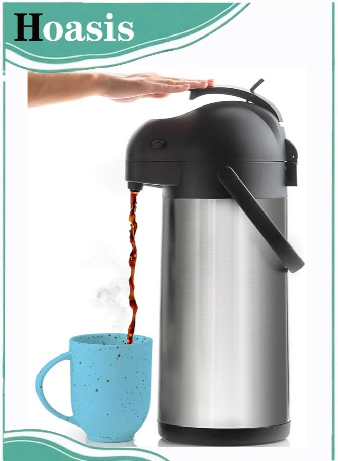 Hoasis Coffee Carafe with Pump, 1.6L Stainless Steel Insulated Thermal Flask, Push-type Portable Hot Water/Coffee/Tea/Drinks Dispenser, Car Insulated Water Bottle, Anti-scald Thermos Pot for Camp, Home, Travel, Hotel, Party - Image 1