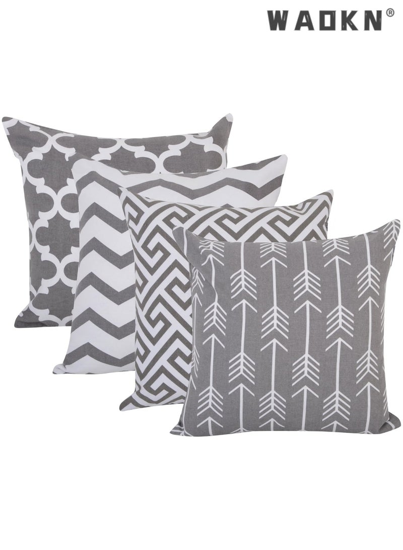 WAOKN Modern Sofa Printed Pillow Covers Set of 4，Decorative Square Throw Pillow Cover,Indoor & Outdoor Cotton Cushion Cases, Geometric Design Grey Pillowcases for Home Sofa - Bed - Couch 18 x 18 Inch - Image 1