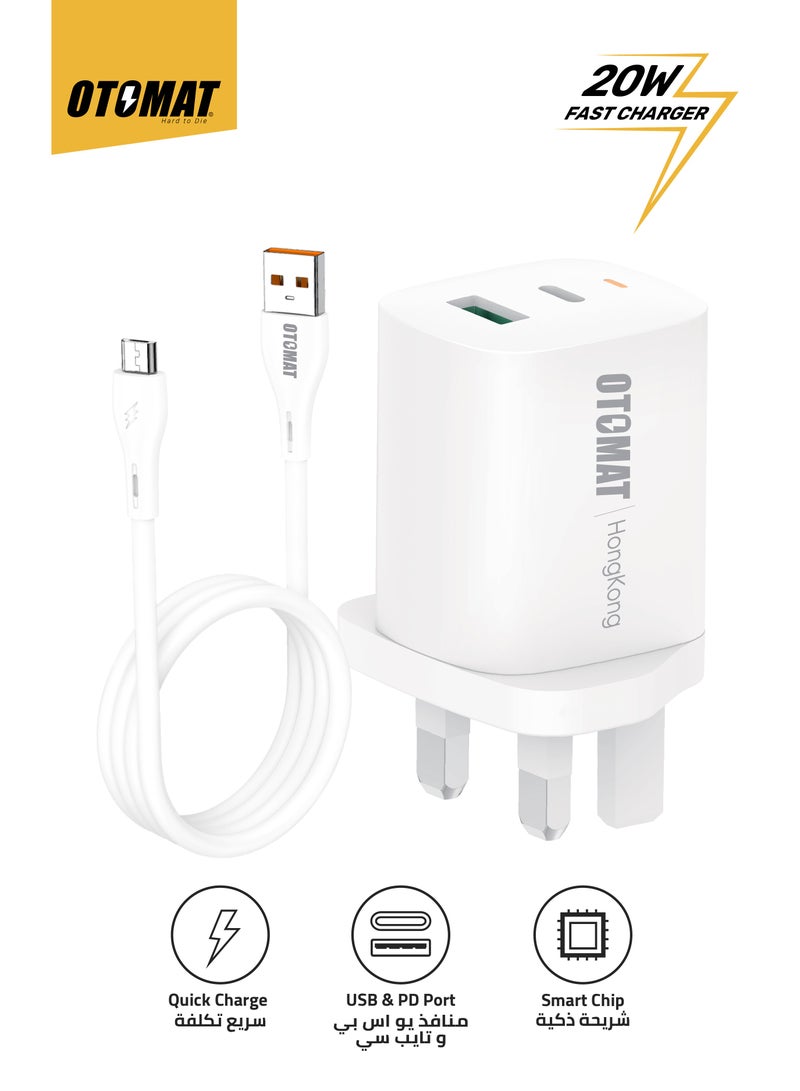 OTOMAT 20W PD Fast Charger with Dual Port (USB + Type-C) and USB to Micro (V8) Cable – High-Speed Charging for iPhone, Android, Power Bank, Mobile Devices – Black - Image 1