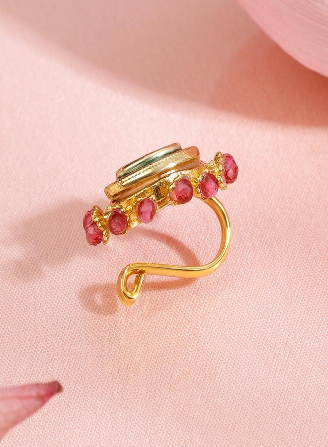 Rubans 18K Gold-Plated Ruby Pink Stone Studded Non-Pierced Clip-On Nath with Green Enamel for Women Perfect for Bridal & Traditional Looks - Image 5