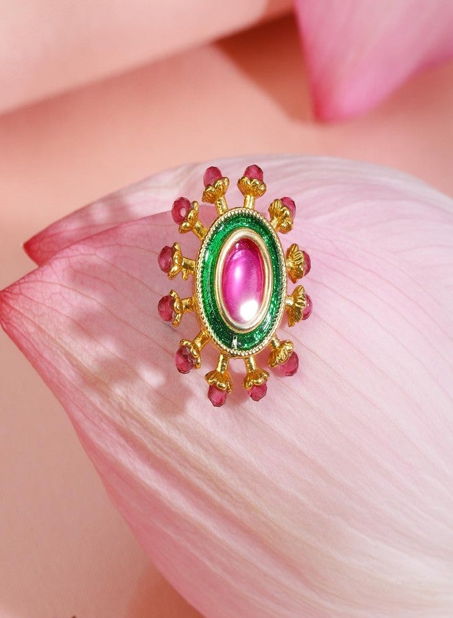 Rubans 18K Gold-Plated Ruby Pink Stone Studded Non-Pierced Clip-On Nath with Green Enamel for Women Perfect for Bridal & Traditional Looks - Image 3