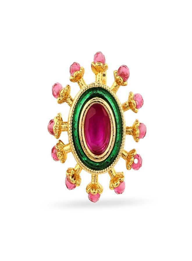 Rubans 18K Gold-Plated Ruby Pink Stone Studded Non-Pierced Clip-On Nath with Green Enamel for Women Perfect for Bridal & Traditional Looks - Image 1
