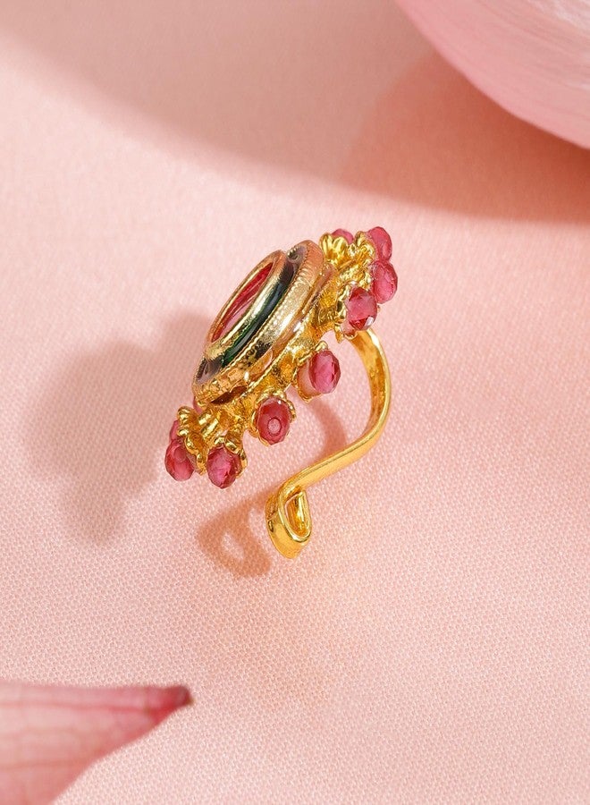 Rubans 18K Gold-Plated Ruby Pink Stone Studded Non-Pierced Clip-On Nath with Green Enamel for Women Perfect for Bridal & Traditional Looks - Image 4