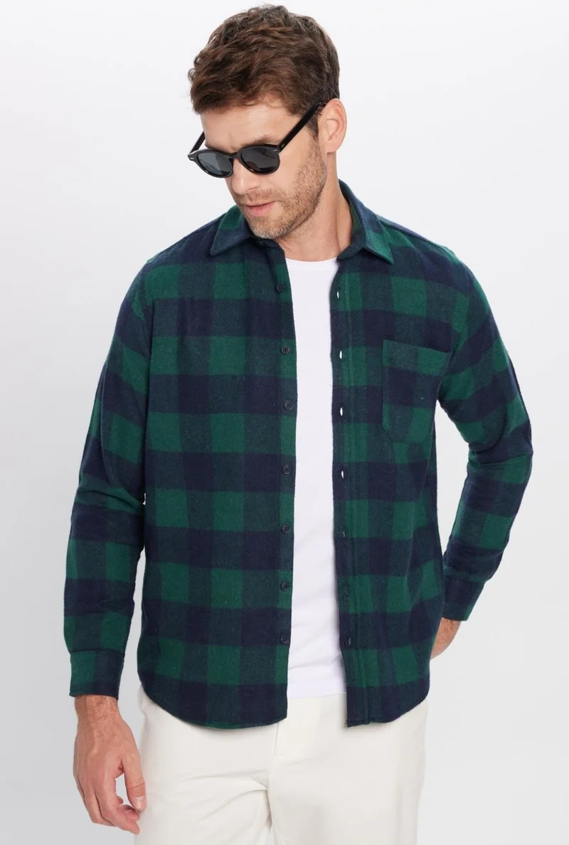 تودورس Men's Classic Fit Regular Cut Lumberjack Single Pocket Checkered Winter Shirt