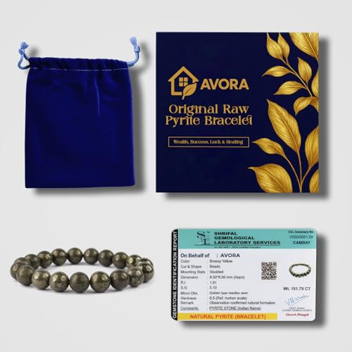 AVORA Certified Original Raw Pyrite Bracelet for Men & Women | Natural Crystal Energy Stone for Wealth, Success, Luck & Healing | Money Magnet Beads with Certificate - Image 3