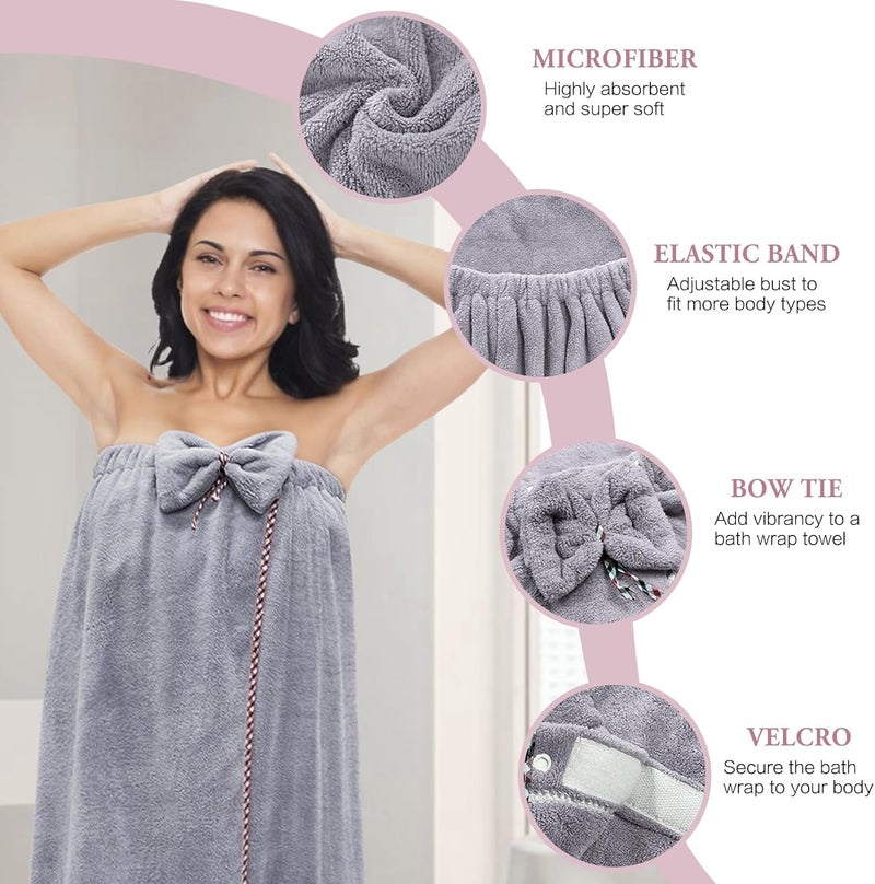 KOIKEY Women Bath Wrap Hair Towel - Adjustable Luxury Microfiber Soft Towels for Shower After Body Cover, Super Absorbent to Quick Drying Hair and Body, Grey - Image 3