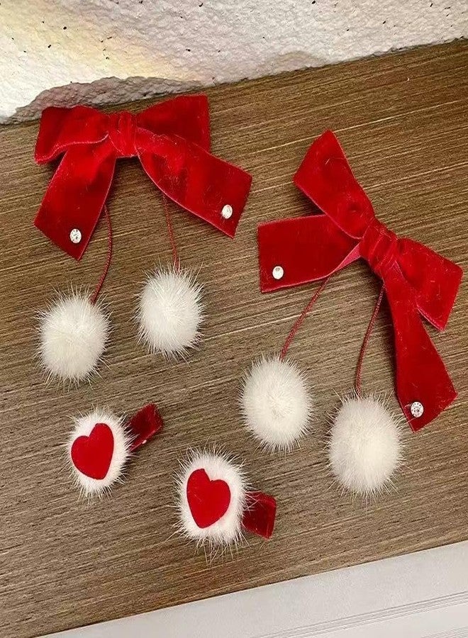 Thalireth Red Bow Hair Clips Valentine's Day Velvet Furry Balls Tassels Heart Hair Clips for Women Winter Christmas Xmas Party 4PCS - Image 2