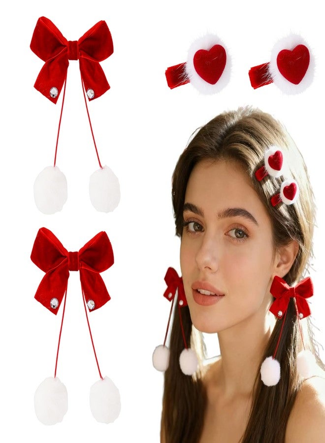 Thalireth Red Bow Hair Clips Valentine's Day Velvet Furry Balls Tassels Heart Hair Clips for Women Winter Christmas Xmas Party 4PCS - Image 1