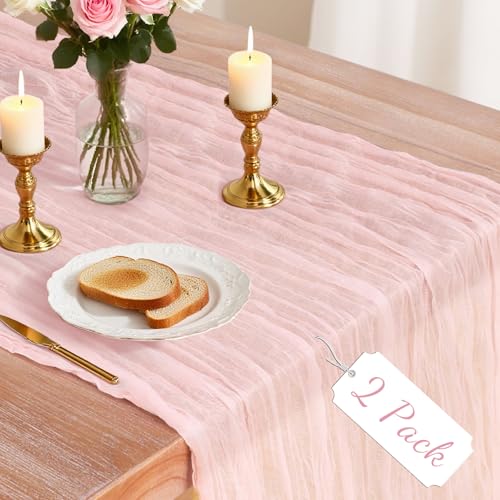 Jamestry 2 Pack Pink Cheesecloth Table Runner 10Ft Boho Gauze Cheese Cloth Table Runners for Wedding Party Dinner Baby Shower 120 Inches Long Table Runner for Valentines Day Easter Mothers Day Decor - Image 1